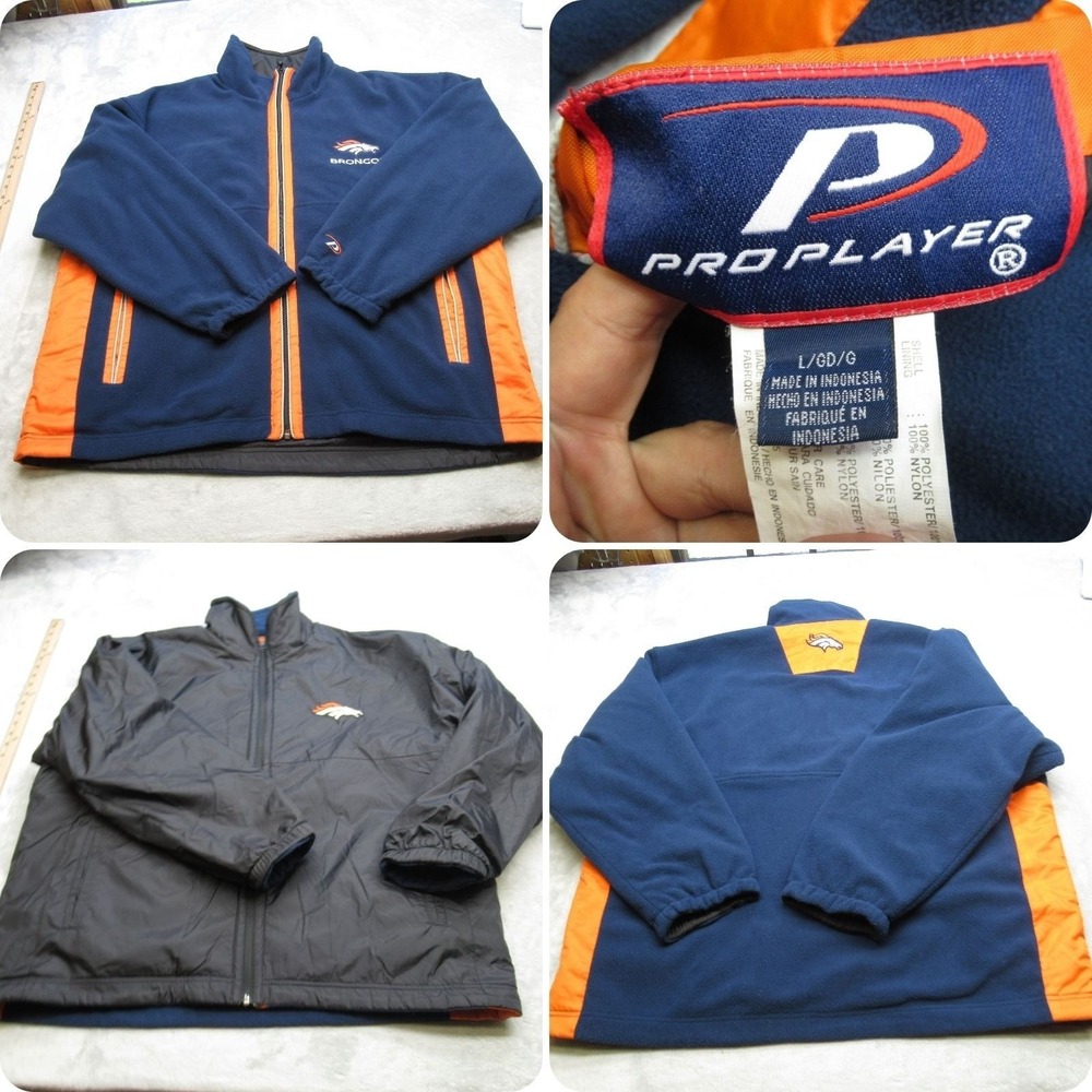 Denver Broncos Jacket Men Large Pro Player Black Blue Full Zip Reversible VTG